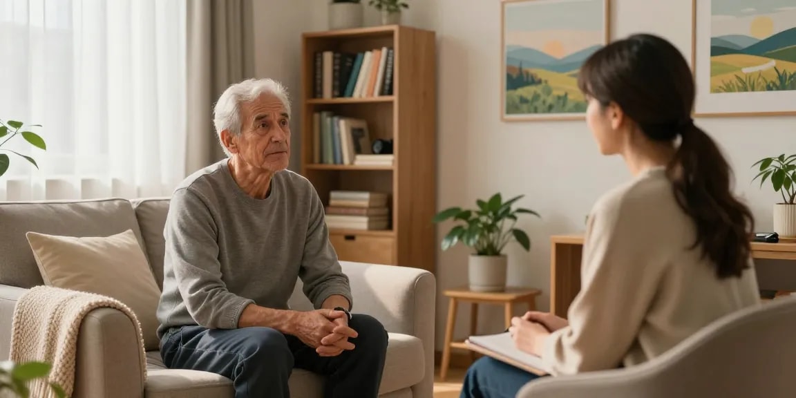 Trauma therapy for veterans in a cozy therapy room, focusing on healing and support.