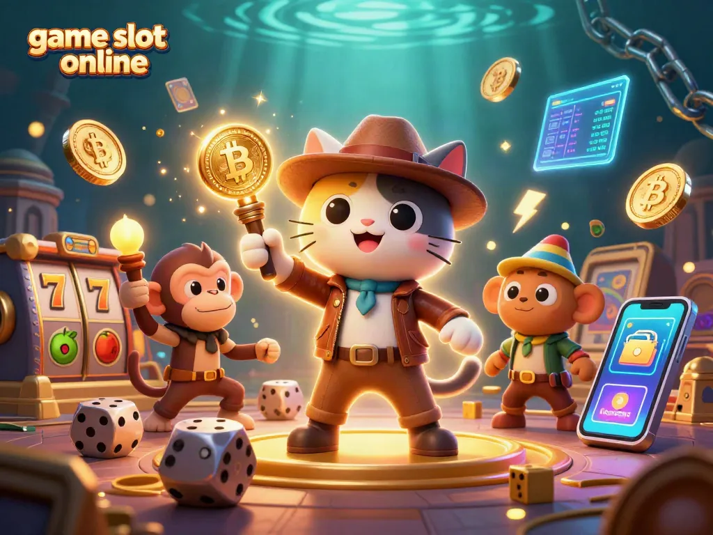 Engage in thrilling game slot online action with a cat explorer finding casino treasures in a vibrant scene.
