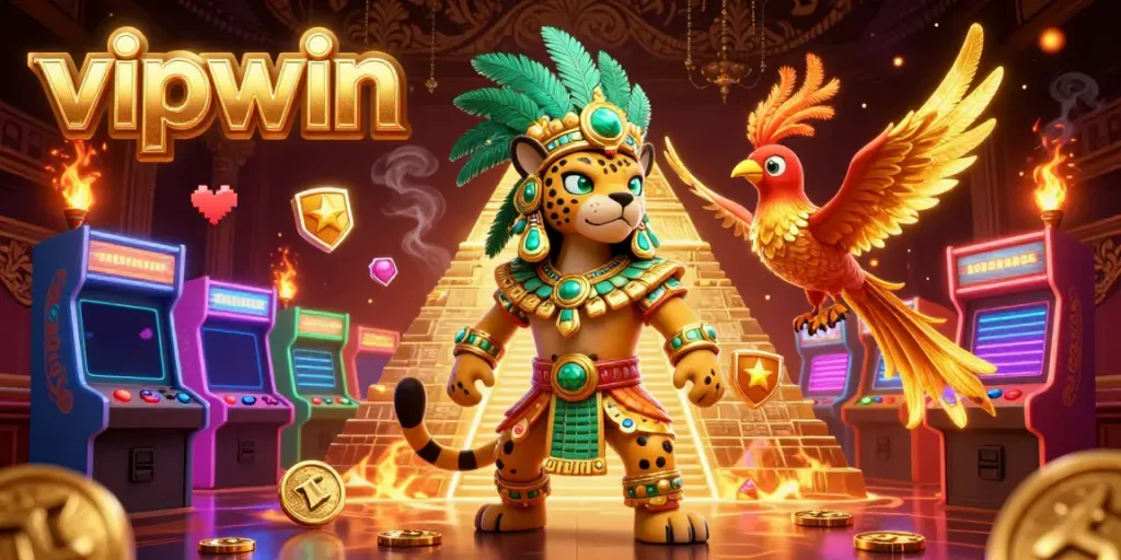 Experience the thrill of vipwin with a Mayan priest, golden pyramid, and vibrant casino elements in a colorful 3D scene.