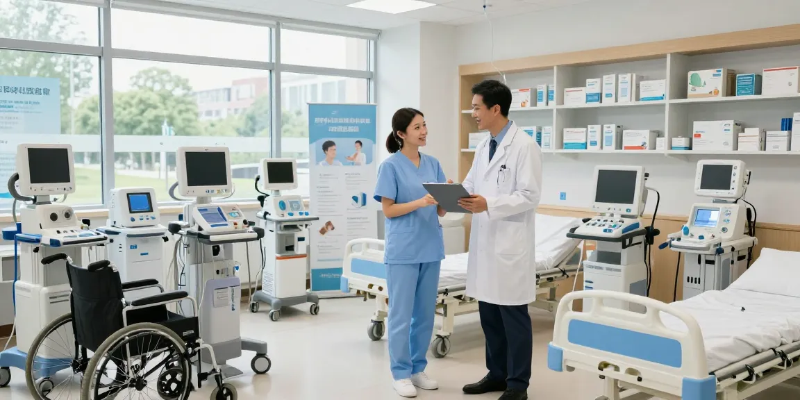 Vente de materiel medical in a healthcare showroom with professionals discussing medical devices.