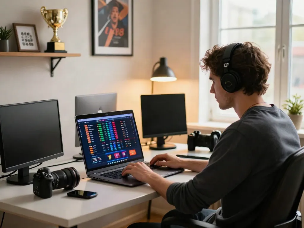 Engaged player at a modern desk exploring betting options on https://uk88win.org/ with a vibrant laptop display.
