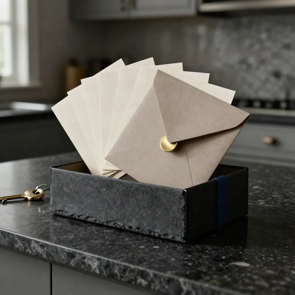 Open slate seller launch box, photo cards, envelope and brass key tag on a dark kitchen island.