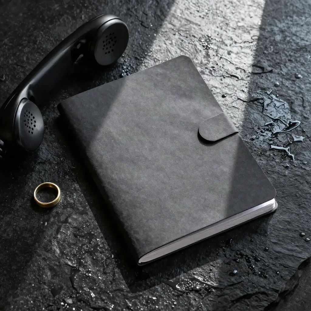 Buyer-call folio, handset, and brass ring on wet black stone, top-down flat lay.
