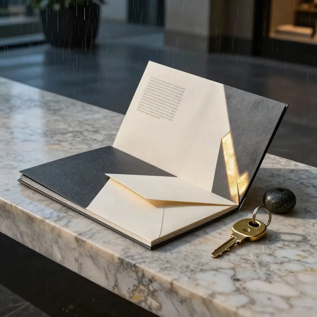 Charcoal condo buyer packet, cream envelope, brass key fob on a limestone lobby bench.