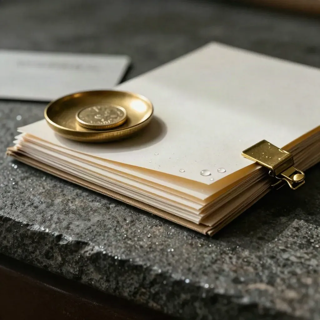 Macro of a condo fees review packet with brass clip and coin dish on wet stone.