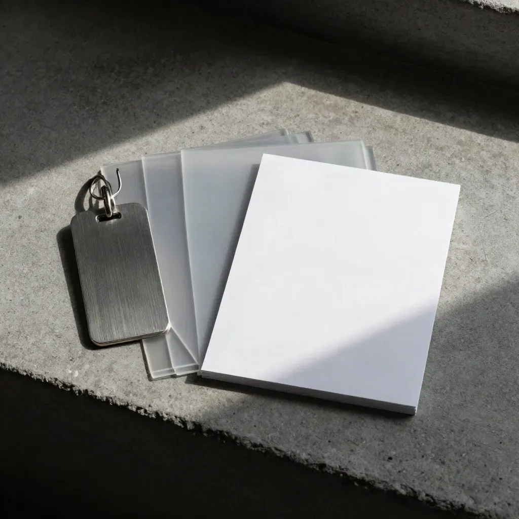 Overhead condo rent scan kit with translucent overlays and a blank key tag on dark concrete.