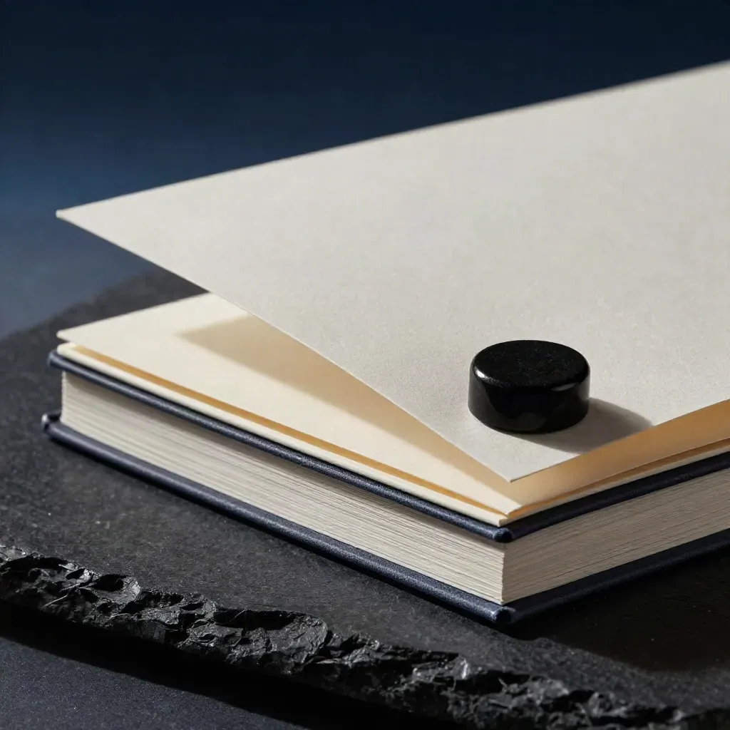 Macro of a condo pre-offer folio pinned by a stone weight, with a page corner lifting in dark studio light.