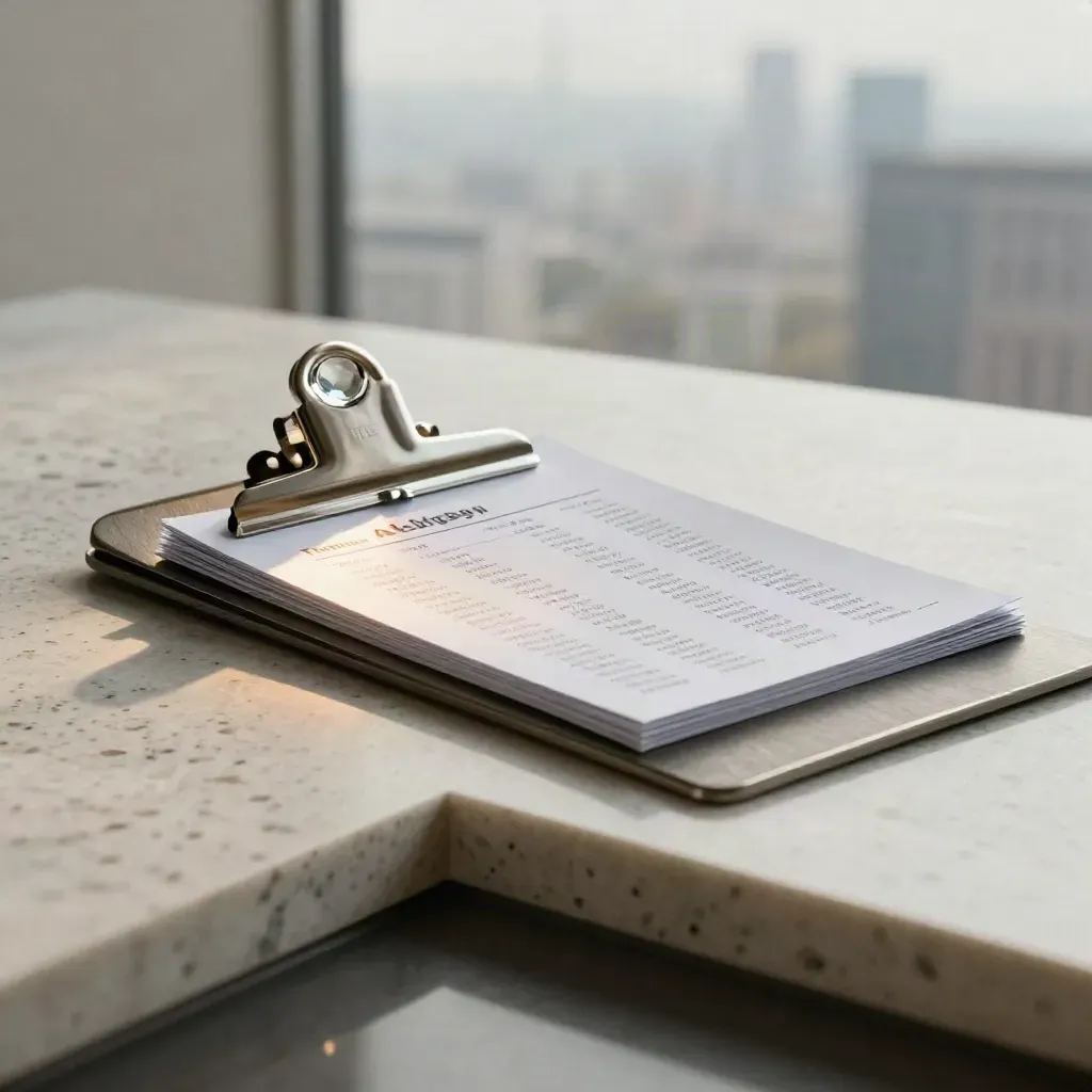 Mortgage rate brief folio on brushed metal with glass weight and clip in soft condo-office light.