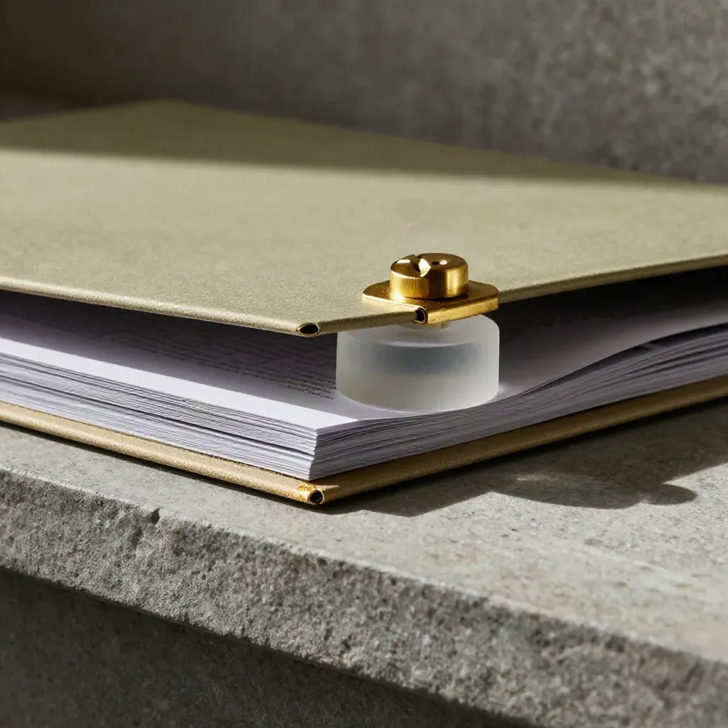 Macro of a brass-clipped condo review folder with frosted glass weight on stone.