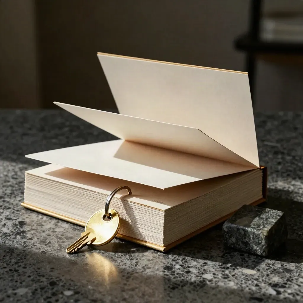 Opened buyer bundle with brass key ring and stone paperweight on rain-dark travertine.