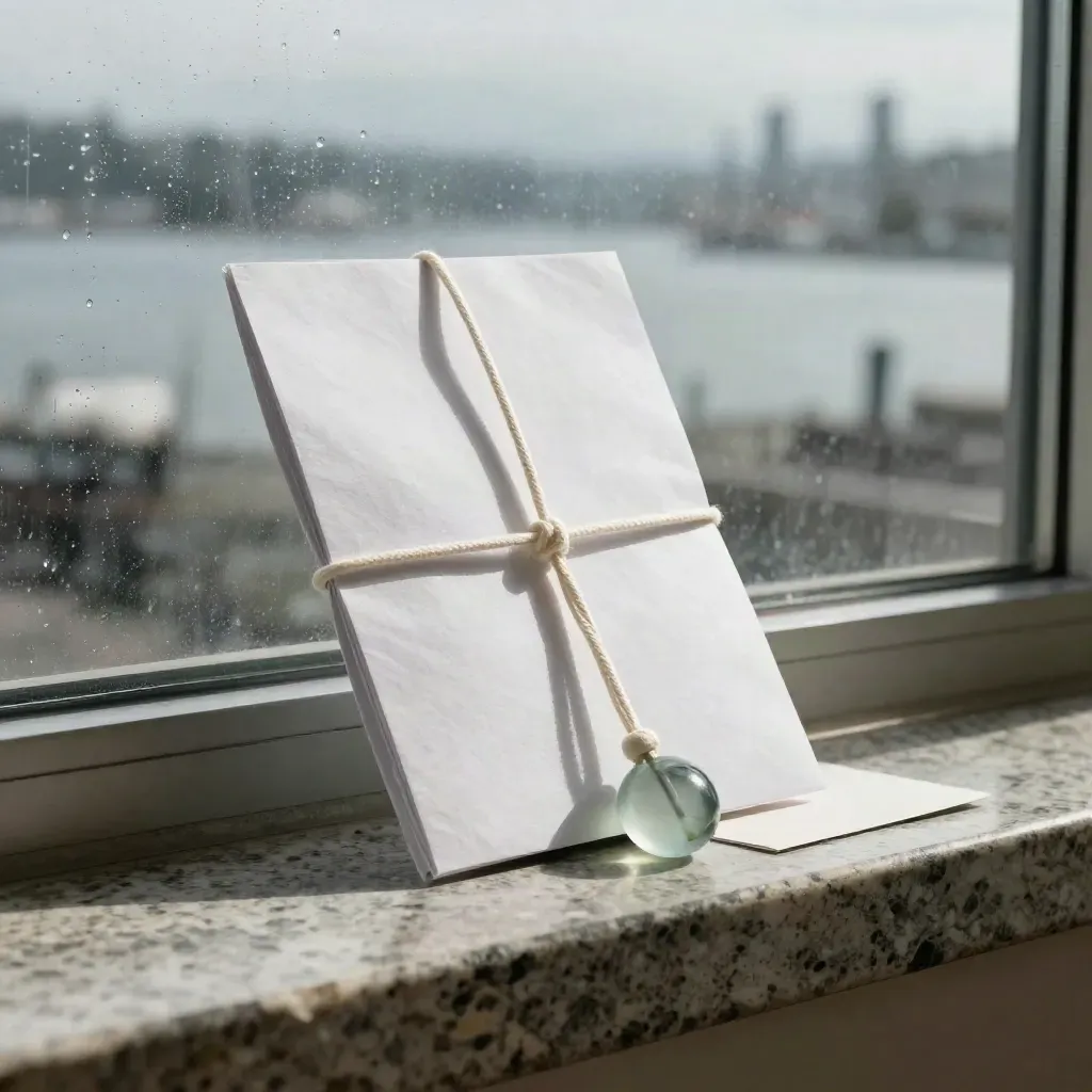 Buyer notes packet with folded insert, cord, and sea-glass weight on a limestone sill by misty Vancouver glass.