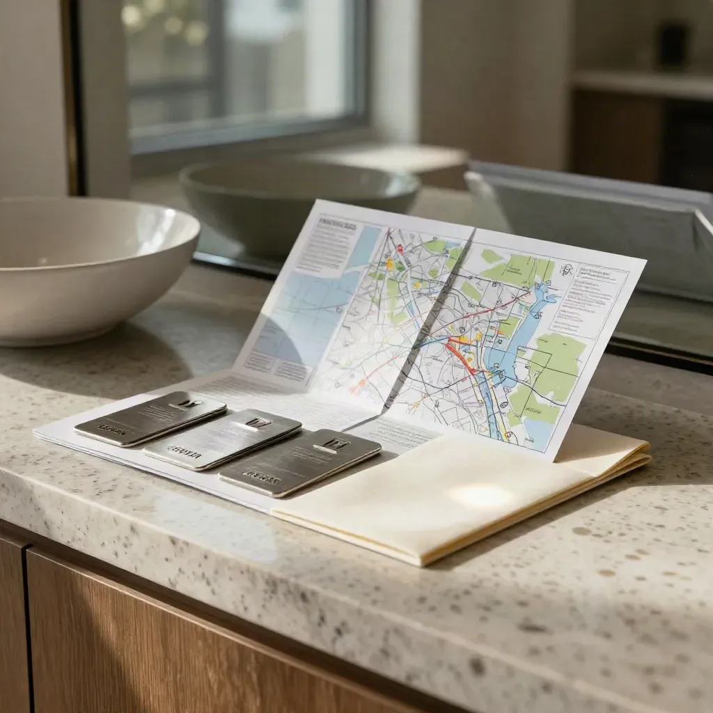 Condos guide kit with folded maps and transit tokens on a travertine entry console