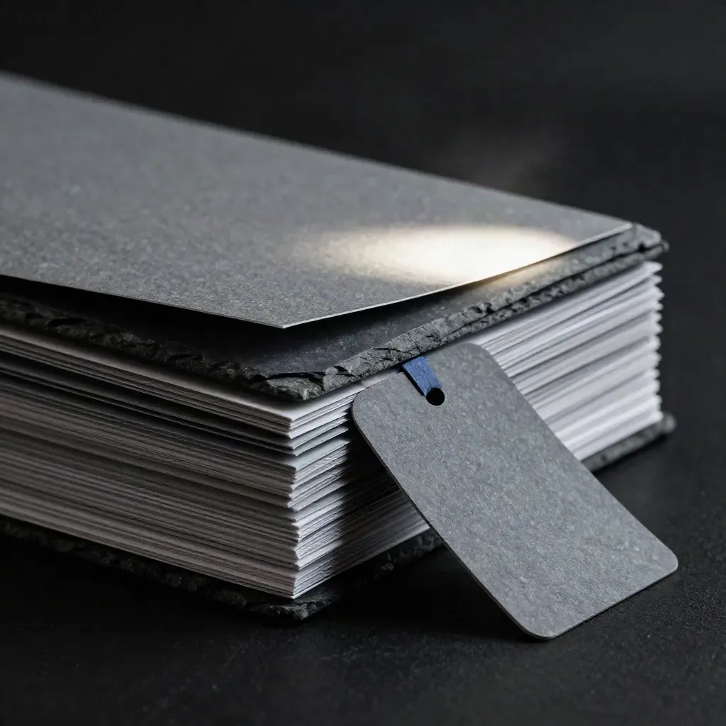 Macro of a tabbed fee-check dossier and slate stone on a dark studio plinth.