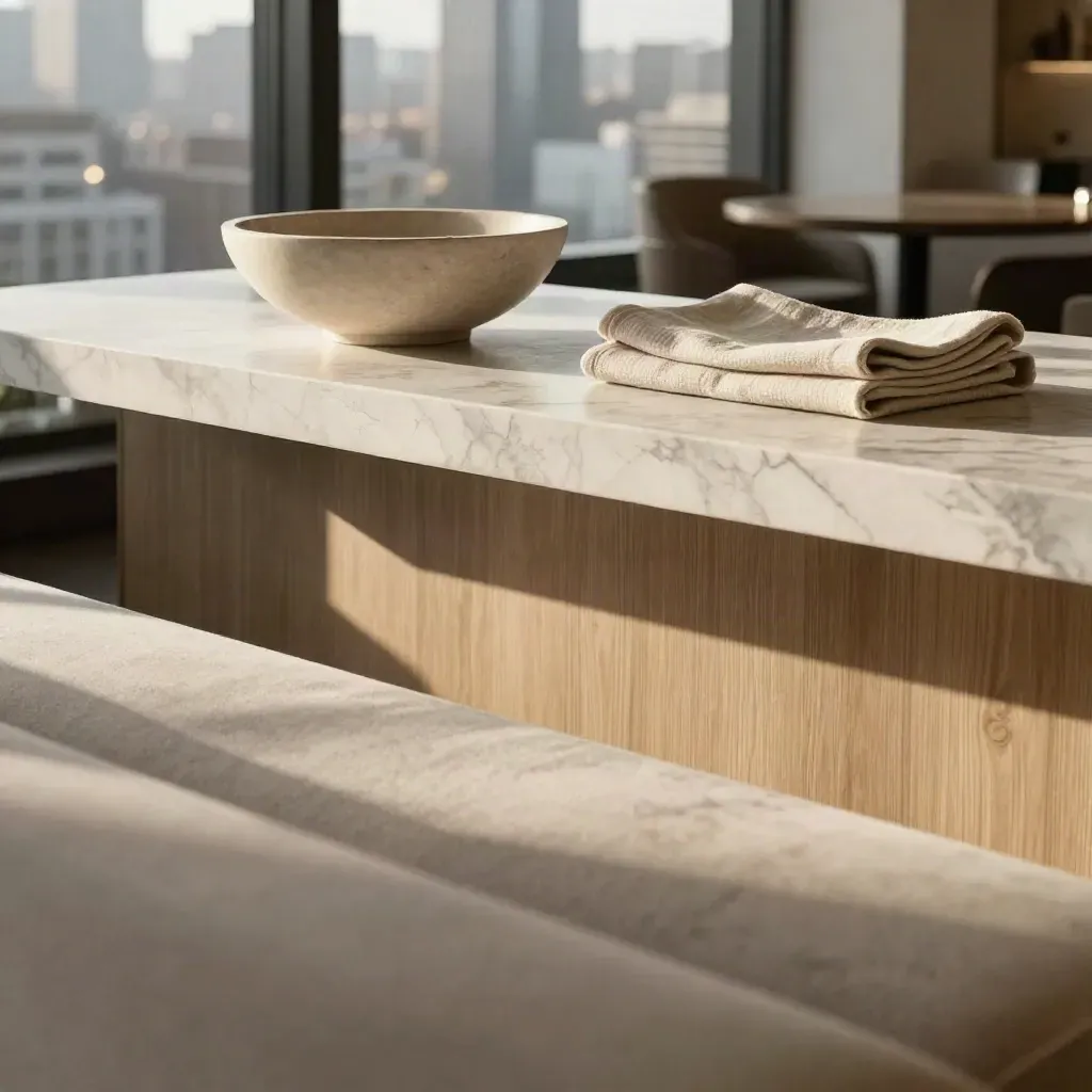 Sunlit condo lounge ledge with calm open floor and skyline blur