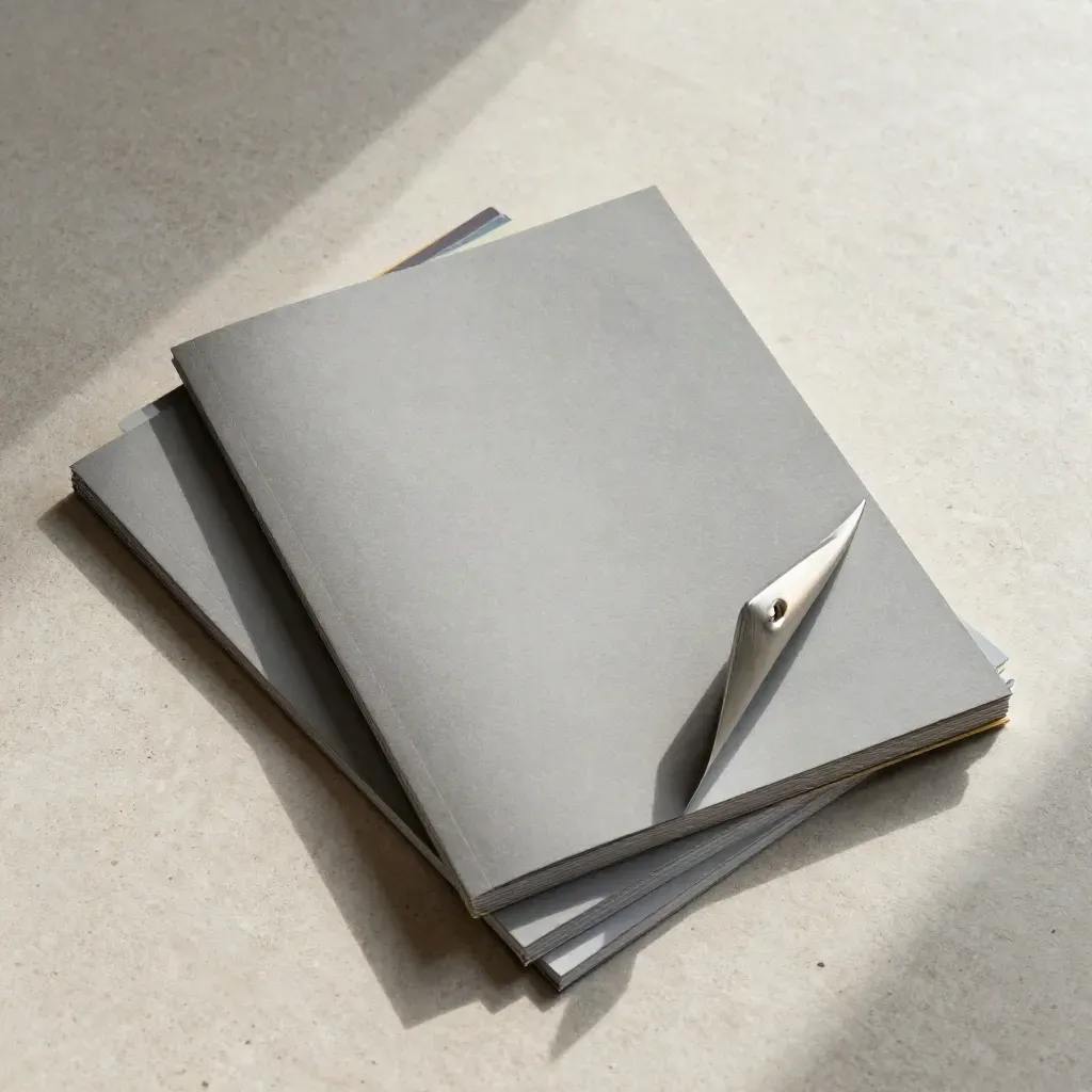 Overhead flatlay of a condo report packet with tabs, folded plan card, and metal clip on pale stone.