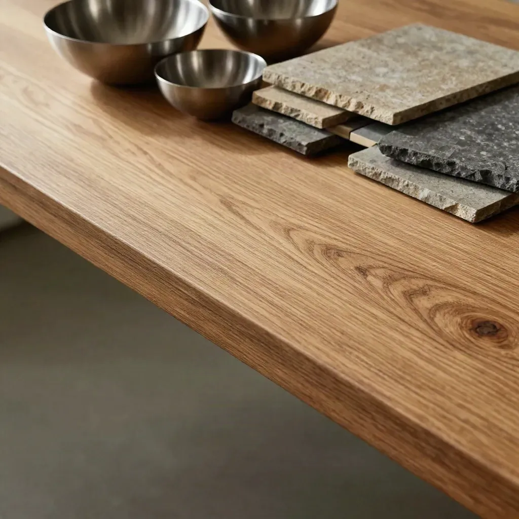 Oak slab with steel bowls and stone samples in soft morning light