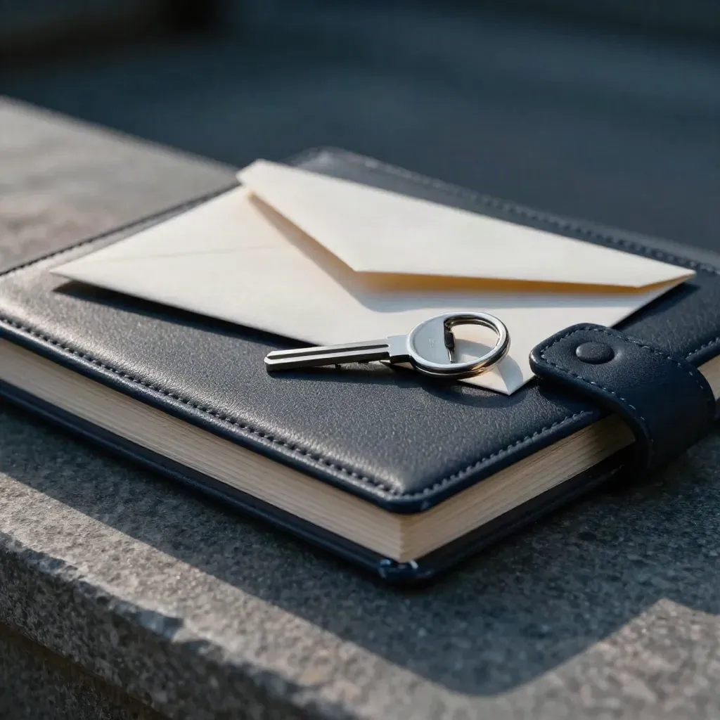 Closing-day support kit with folio, envelope and key ring on stone in dusk light