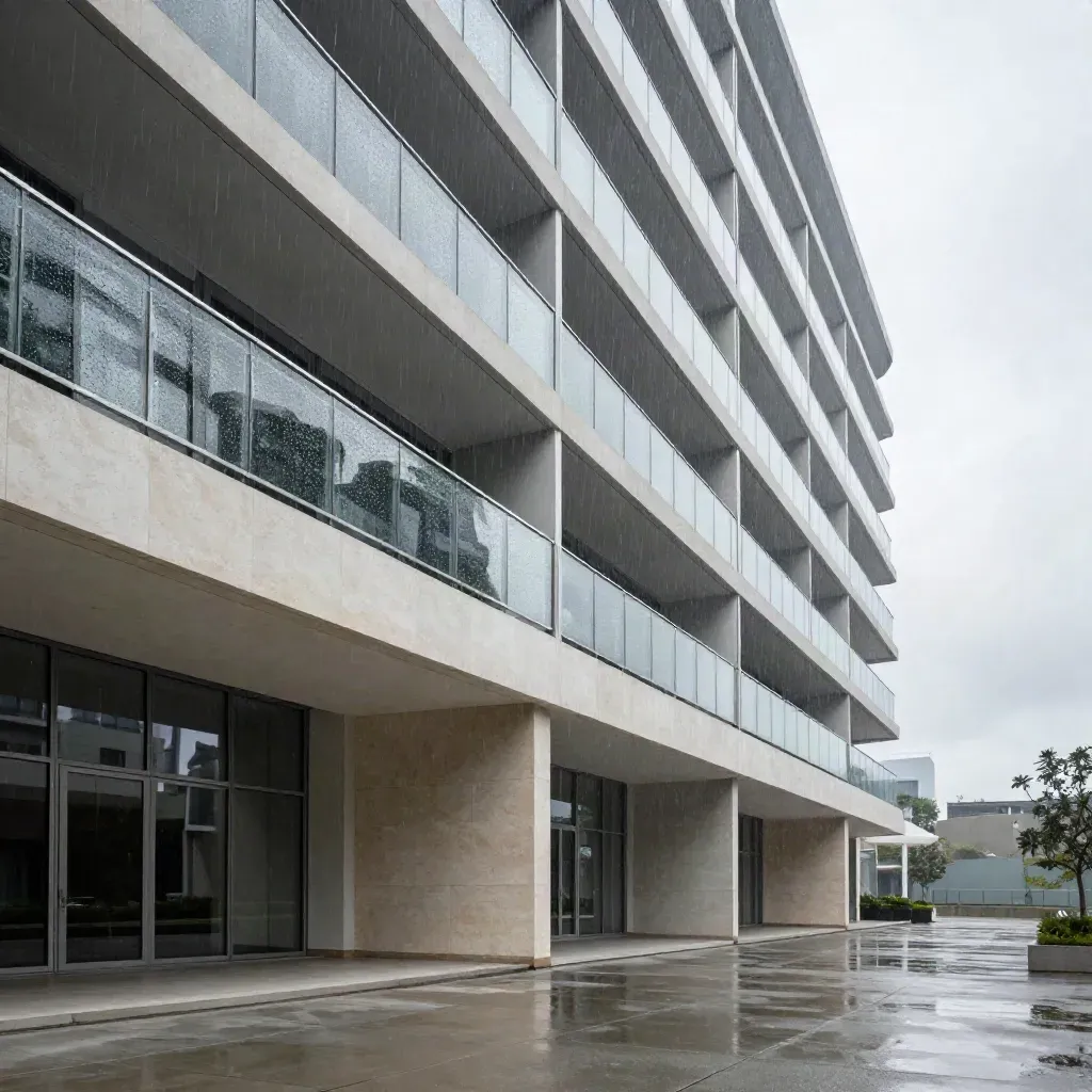 Rain-washed condo corridor facade with glowing balconies and calm copy space below