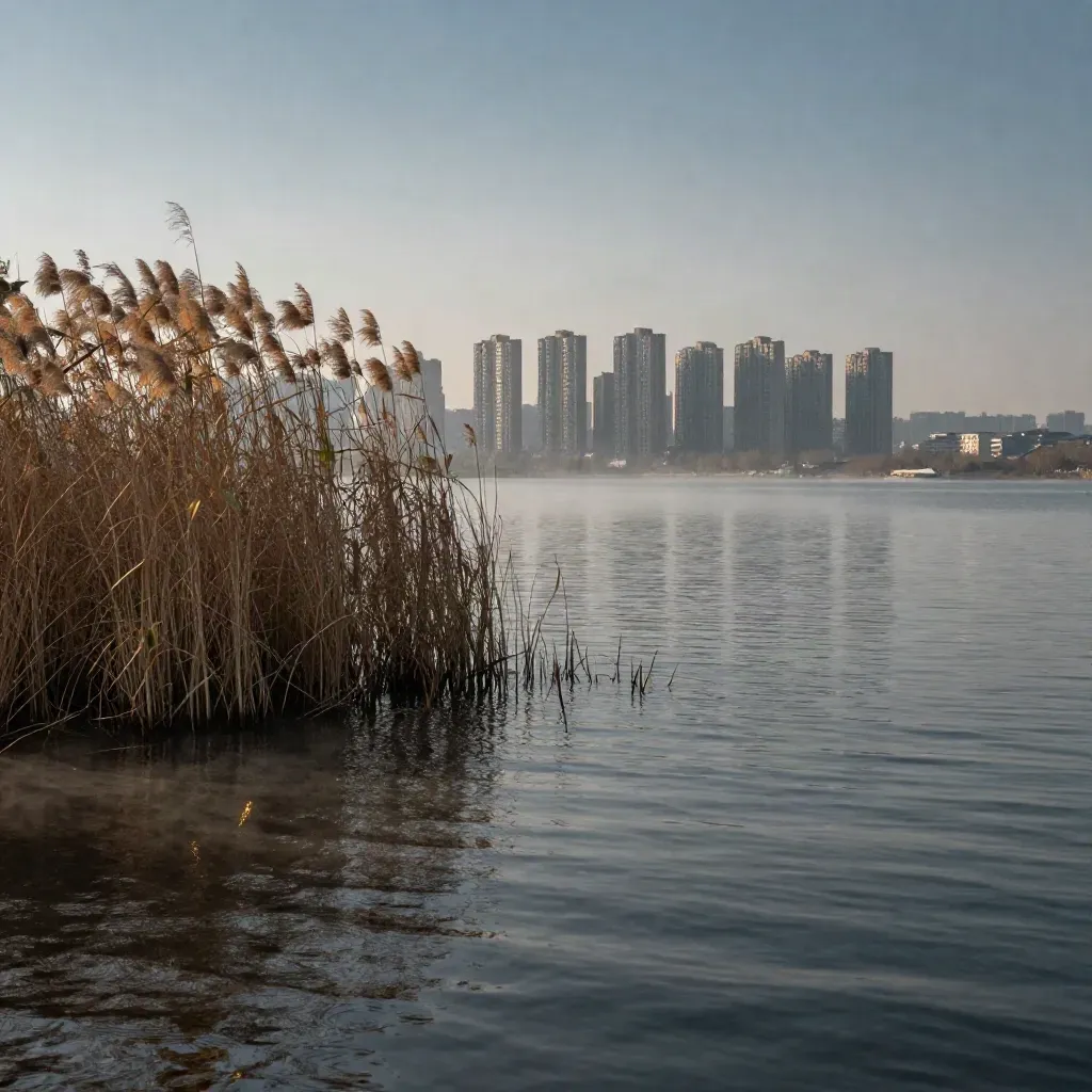 Blue-hour lakeshore with reeds, mist, rippled water, and distant condo towers.