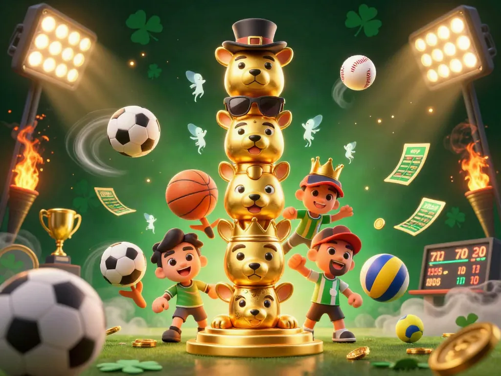 Place your bets with 98win at a vibrant casino scene featuring dynamic sports elements, a golden totem pole, and immersive atmosphere.