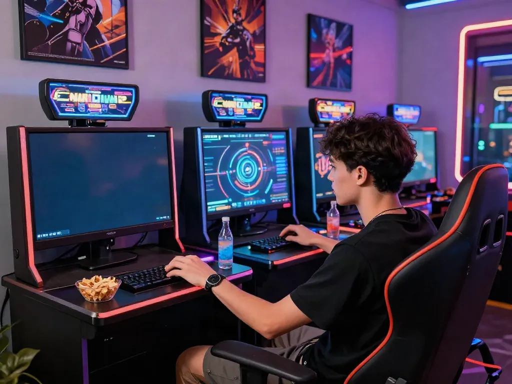 Engaged player enjoying ggsoft login on vibrant gaming setup with colorful screens.