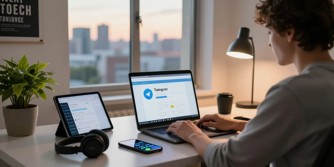 Person engaging with Telegram Web Version on a laptop in a modern home office setup.