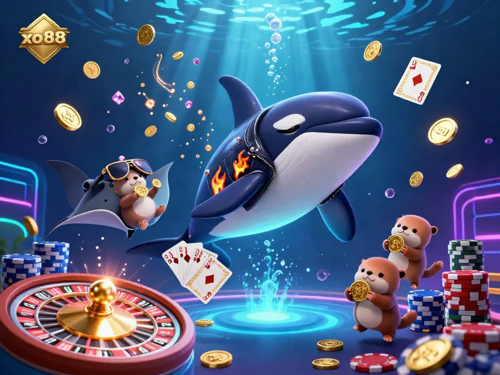 Experience thrilling gaming at xo88, featuring an orca whale, stingray, and sea otters amidst cascading gold.