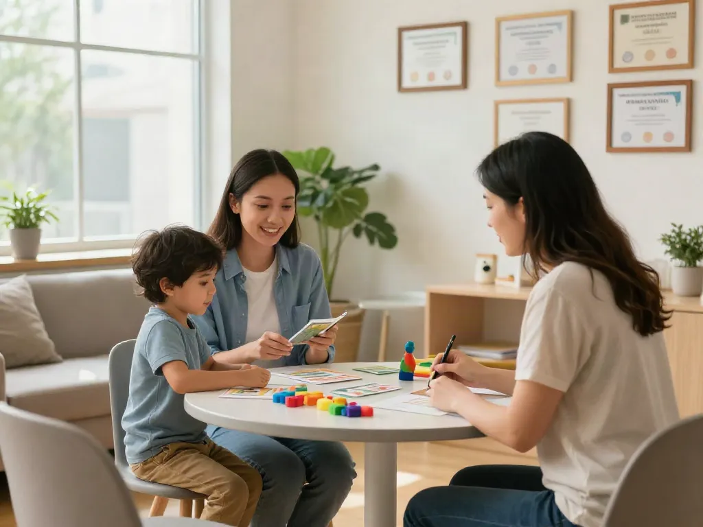 ABA connection therapy session between behavior analyst, child, and parent in an inviting clinic.