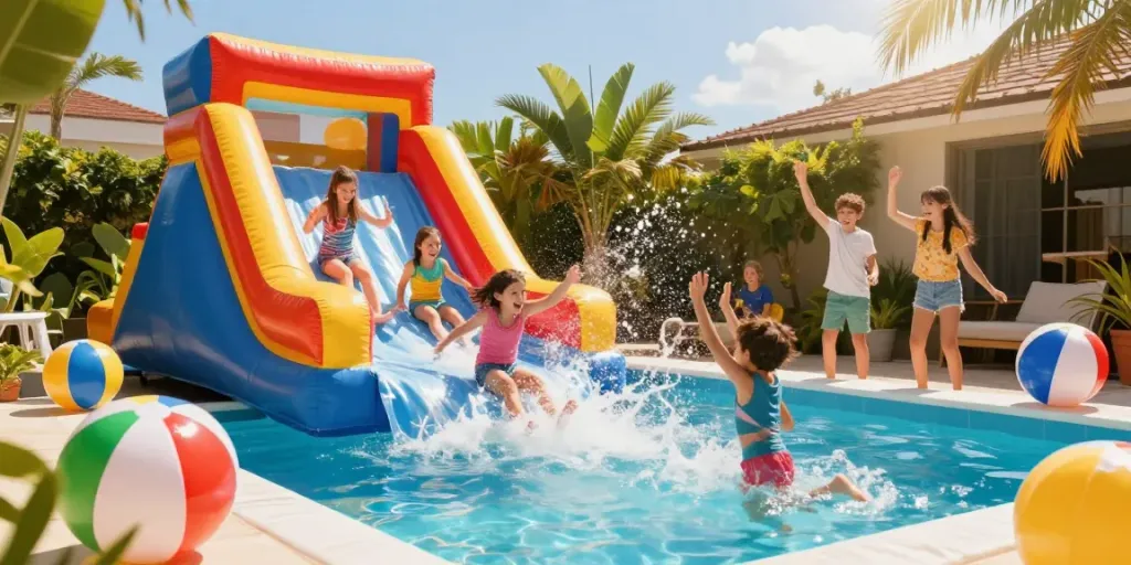 Children enjoying a water slide inflatable in a sunny backyard.
