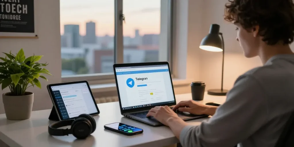 Person engaging with Telegram Web Version on a laptop in a modern home office setup.