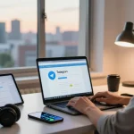 Person engaging with Telegram Web Version on a laptop in a modern home office setup.