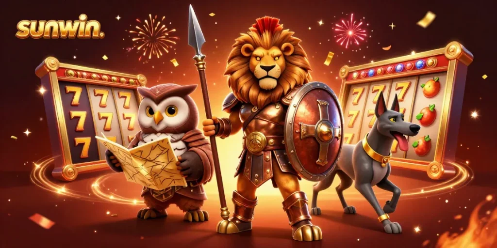 Engage in thrilling slots action with sunwin. featuring a valiant lion, wise owl, and swift greyhound amidst spinning slot reels.