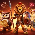 Engage in thrilling slots action with sunwin. featuring a valiant lion, wise owl, and swift greyhound amidst spinning slot reels.