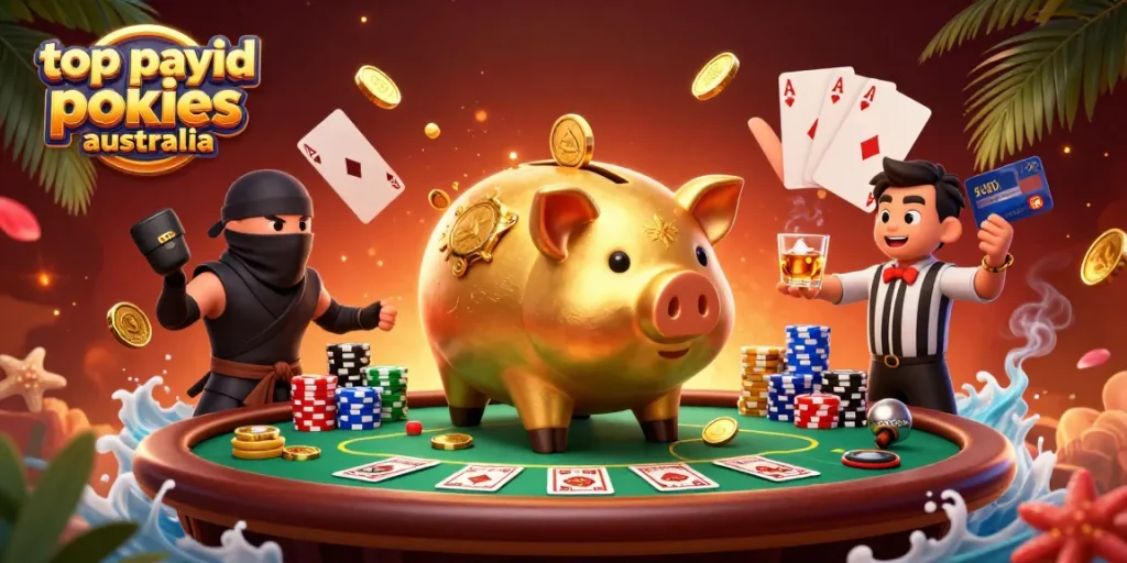 Engage with top payid pokies australia in a vibrant 3D casino-themed illustration showcasing exciting gameplay.