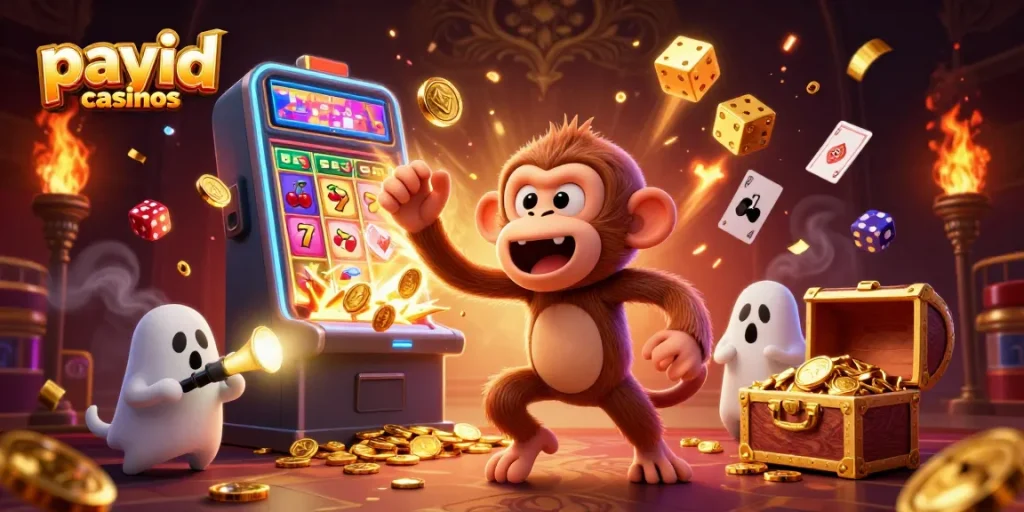 Experience the thrill at payid casinos with a playful poltergeist and ghost-hunter puppy amidst a lucky slot explosion.