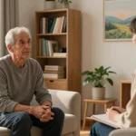 Trauma therapy for veterans in a cozy therapy room, focusing on healing and support.