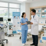 Vente de materiel medical in a healthcare showroom with professionals discussing medical devices.