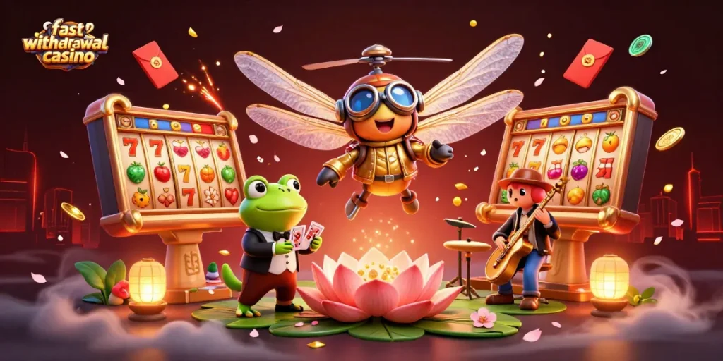 Experience the excitement of a fast withdrawal casino with a vibrant 3D illustration featuring lively characters and gaming elements.
